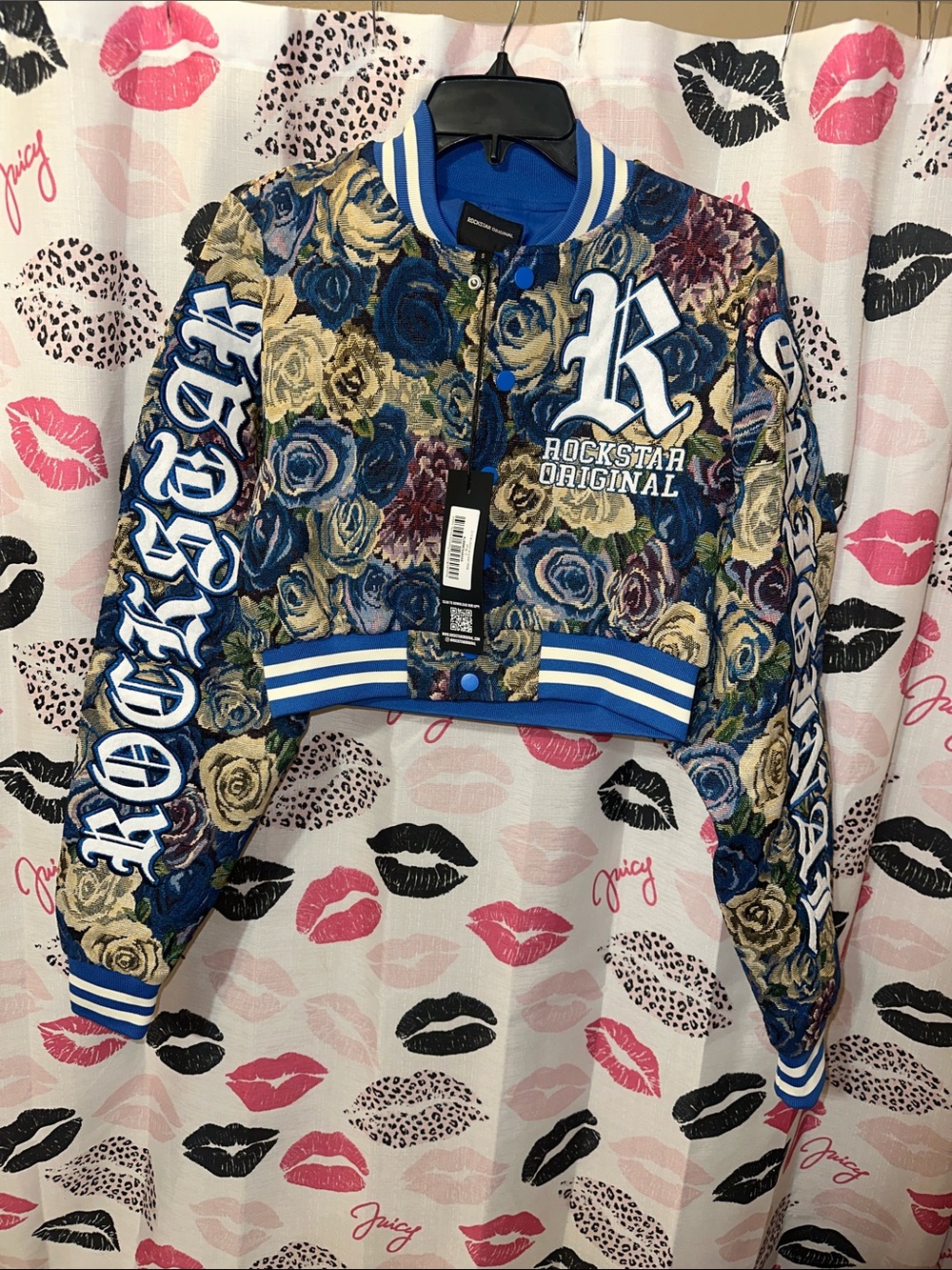 Rockstar Original Blue Floral Cropped Bomber Jacket